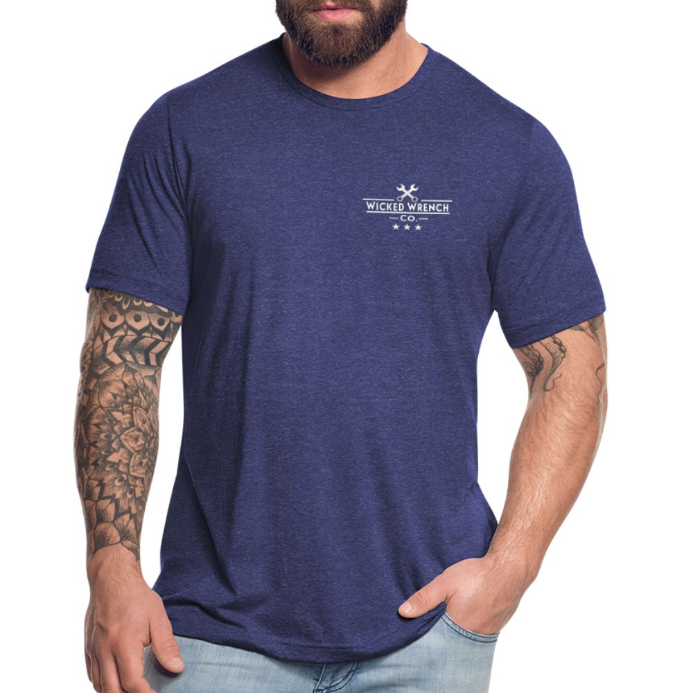 Unisex Tri-Blend T-Shirt- Spark plug Back Logo - heather indigo